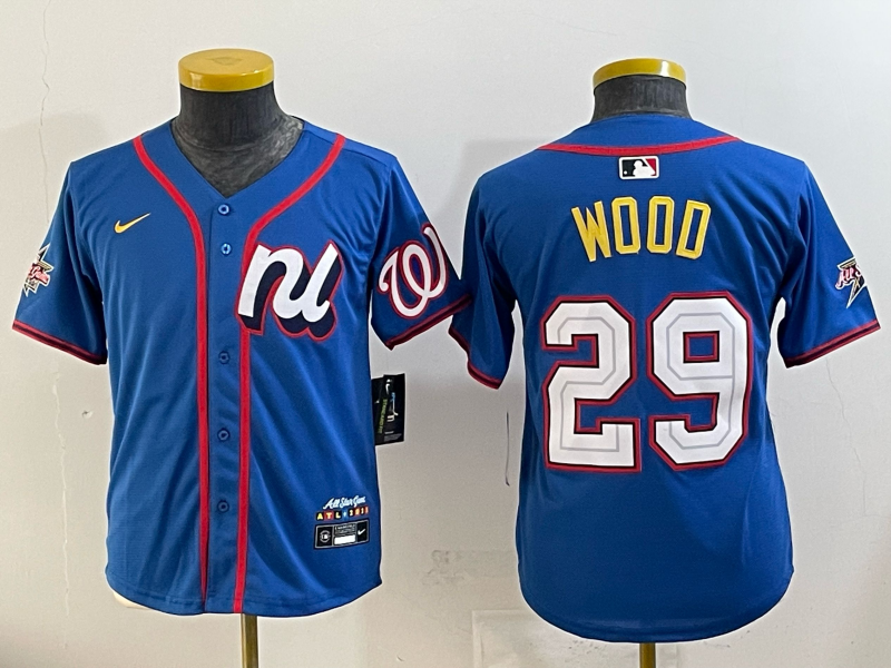 Youth Washington Nationals 29 Wood blue Nike MLB 2025 jersey 001